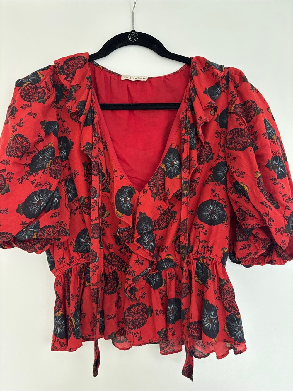Ulla Johnson Red Floral Ruffle Tie-Front Blouse